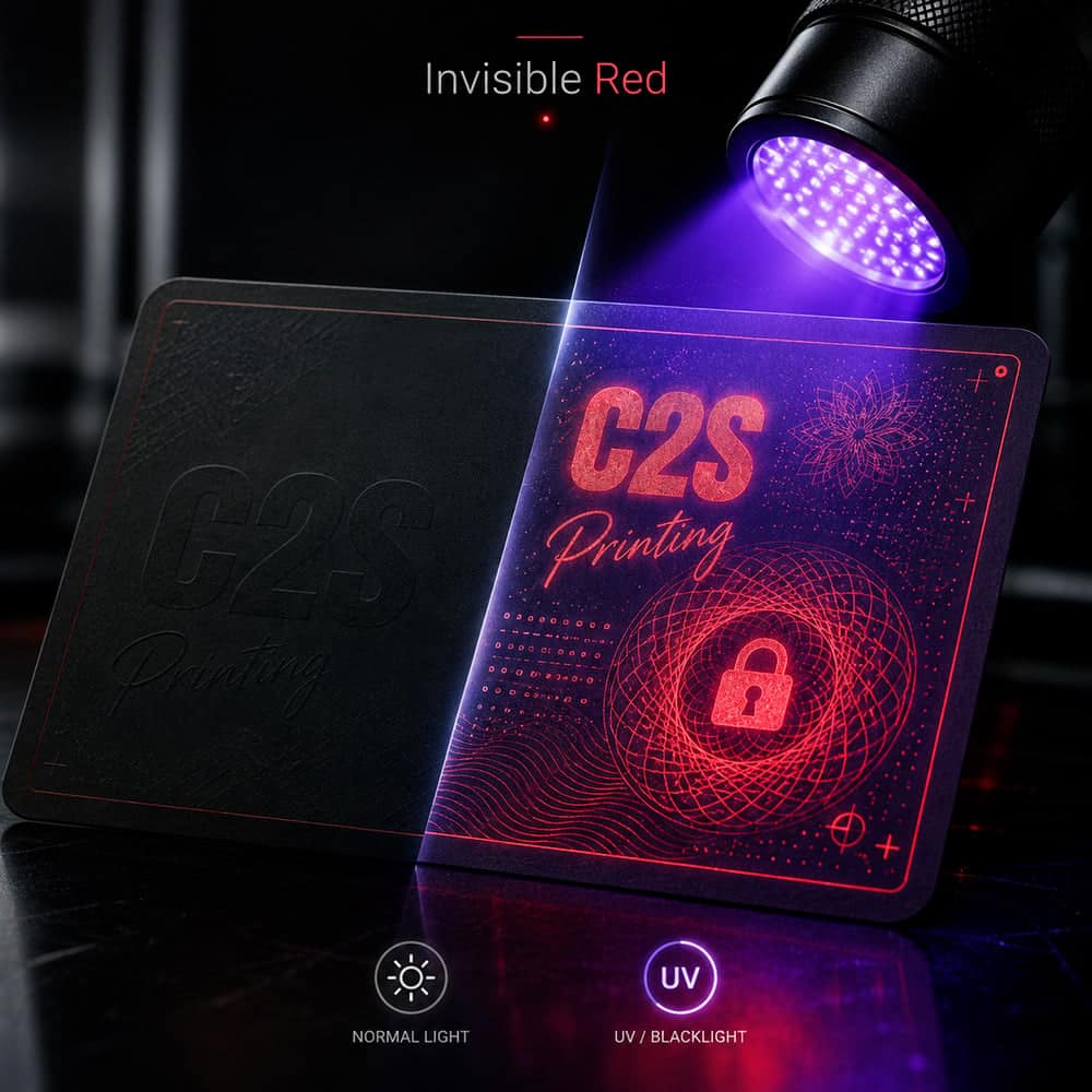 ตัวอย่างพิมพ์หมึกล่องหน Invisible Red ก่อนและหลังส่อง UV Blacklight