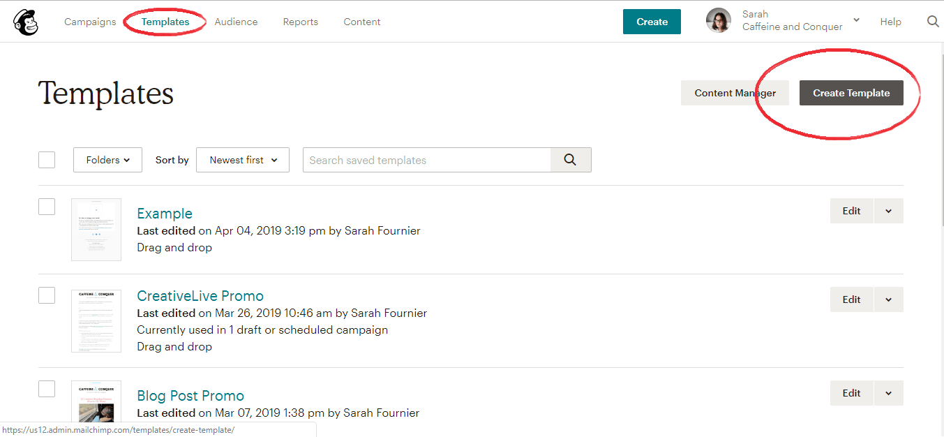 A screenshot of Mailchimp templates page