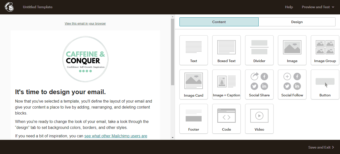 A screenshot of Mailchimp page Design Editor