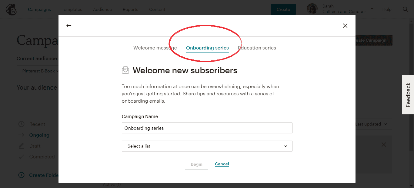A screenshot of Mailchimp page onboarding series option