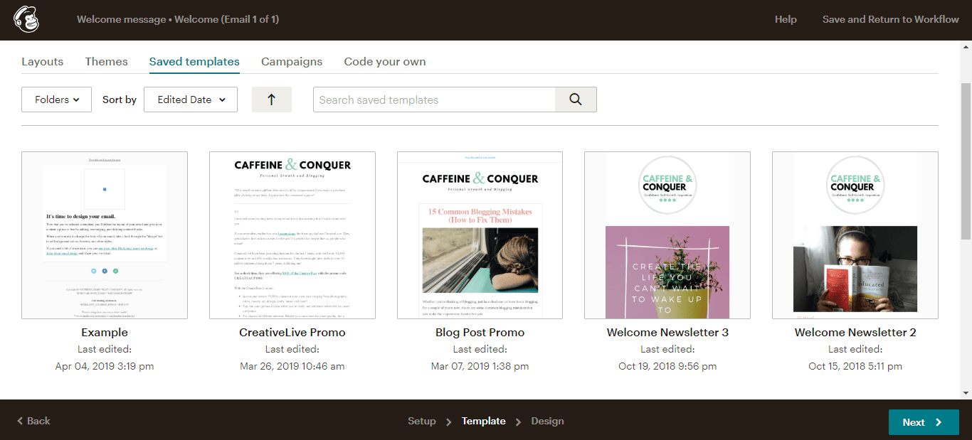 A screenshot of Mailchimp page to choose a saved template for welcome email sequence