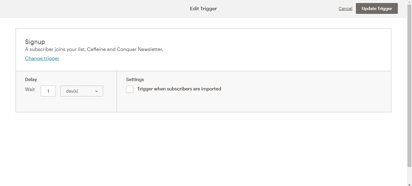A screenshot of Mailchimp page for editing welcome email sequence triggers