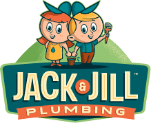 Cartoon of a boy and girl holding plumbing tools above a logo reading "Jack & Jill Plumbing," with a blue and green color scheme.