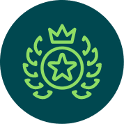 A green emblem with a star inside a circle, surrounded by laurel branches and topped with a crown, on a dark teal background.