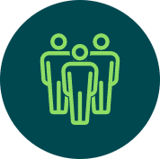 Icon of three abstract human figures in green on a dark teal circular background.