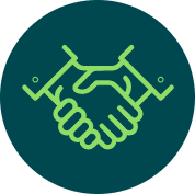 Icon of a handshake in green on a dark circular background.