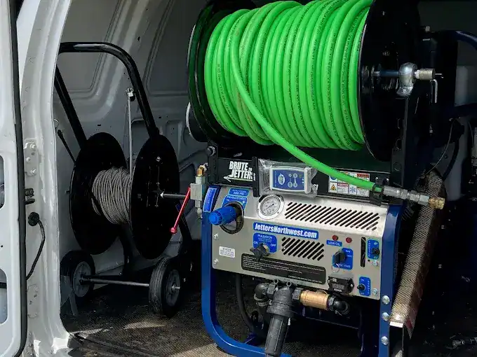 A professional cleaning machine with a green hose reel is installed in a van, alongside another reel with a coiled cord, ready for use.