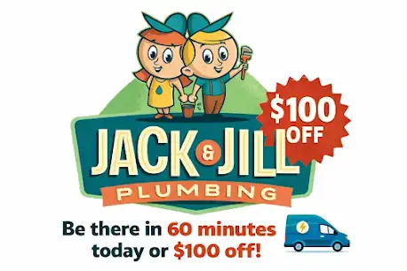 Logo for Jack and Jill Plumbing offering $100 off if not there in 60 minutes; illustrated children hold tools, with "Jack and Jill" text and van graphic included.