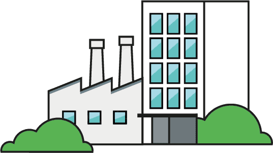 Illustration von Nichtwohngebäuden – Fabrikgebäude und Bürokomplex mit Bäumen im Vordergrund