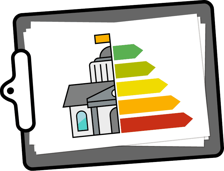 Illustration eines denkmalgeschützten Gebäudes mit Energieeffizienz-Label, Fokus auf nachhaltige Energie.