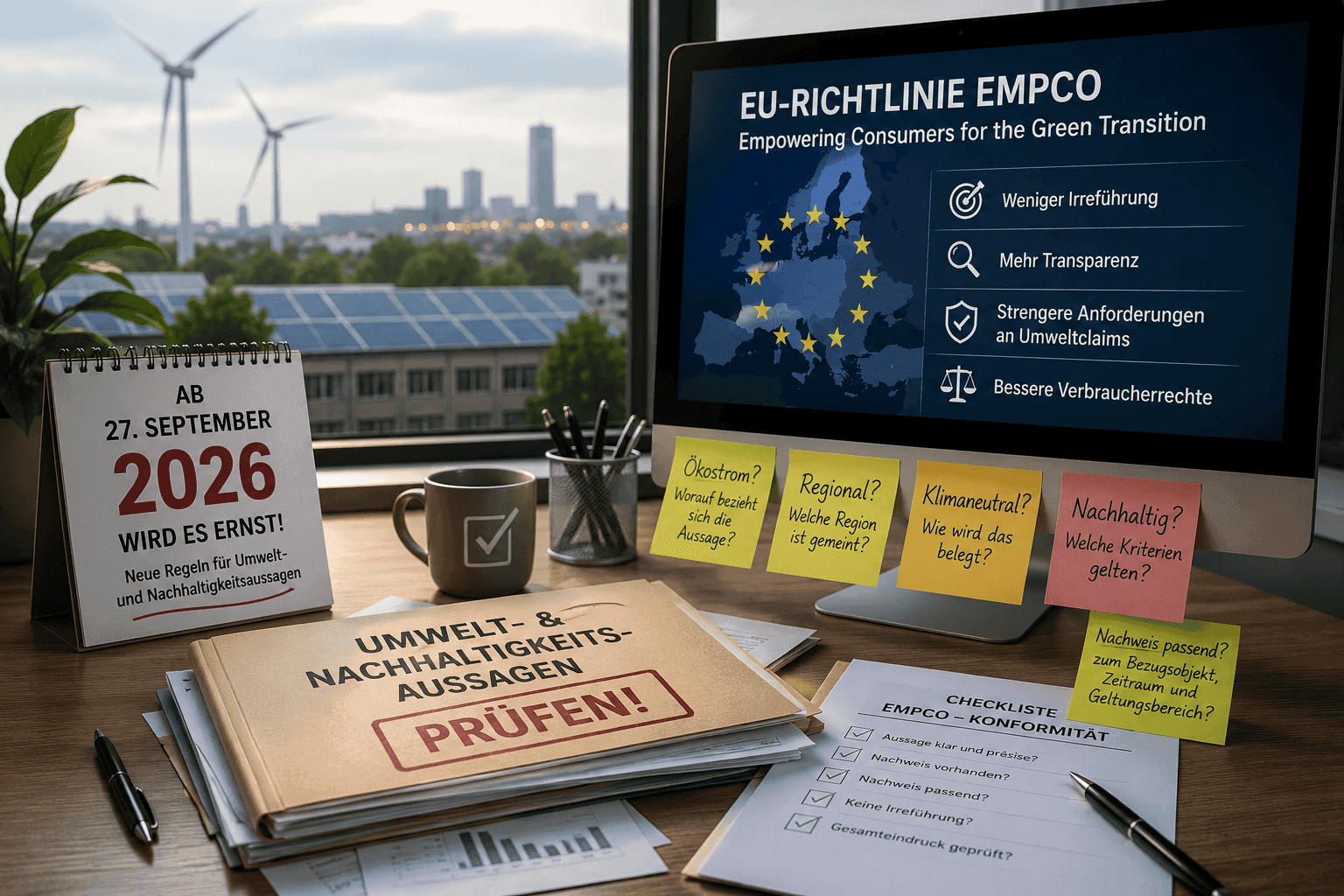 Schreibtisch mit EmpCo-Richtlinie, Prüfliste und Nachhaltigkeitsclaims wie Ökostrom, regional und klimaneutral vor einer Energielandschaft mit Windkraft und Solaranlagen.