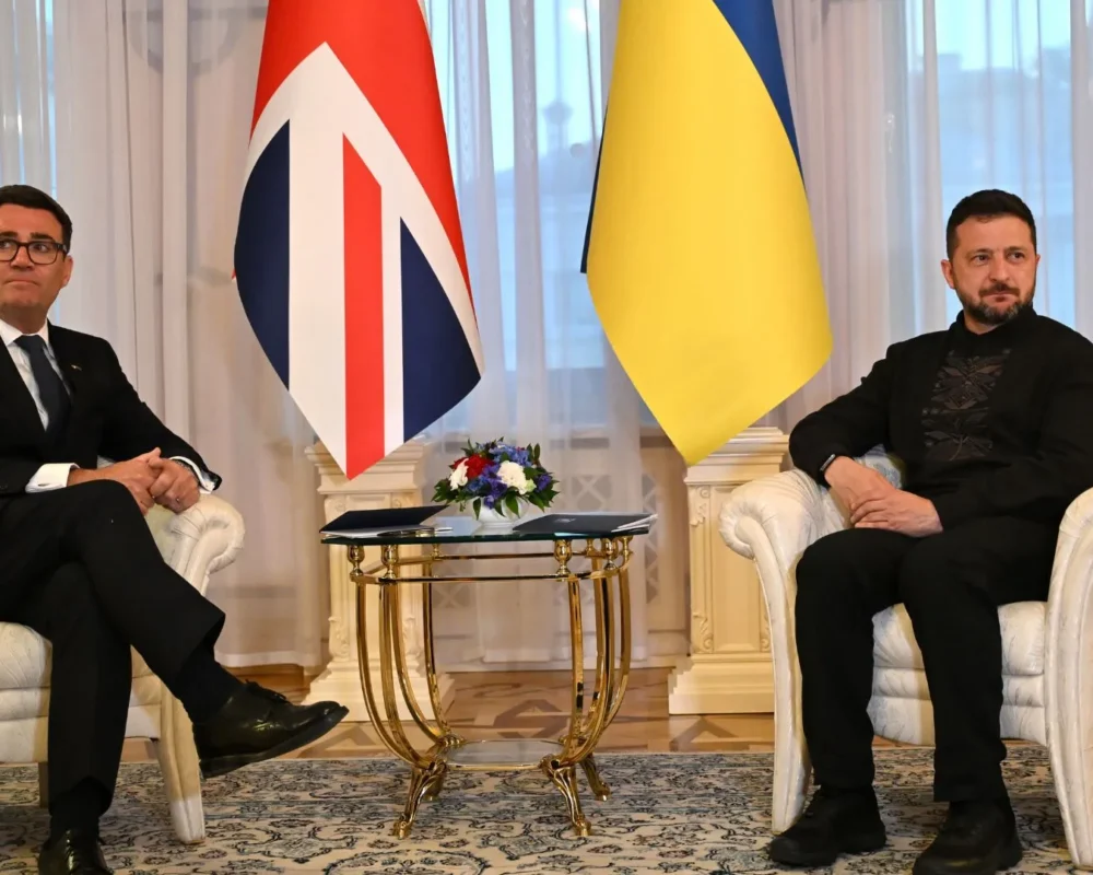 UK and Ukraine leaders in discussion during diplomatic meeting.