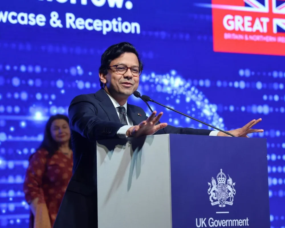 AI Minister speaking at UK government showcase and reception event.