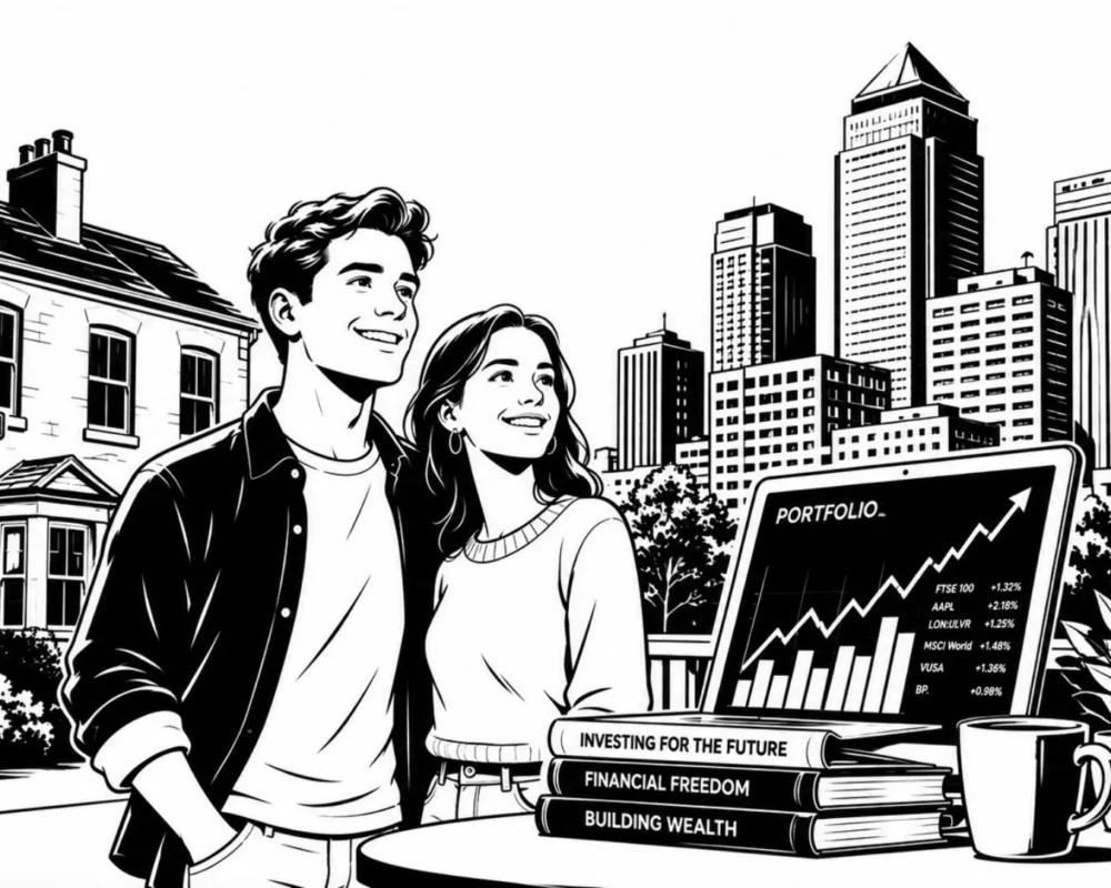 Young couple looking at financial growth charts in cityscape.