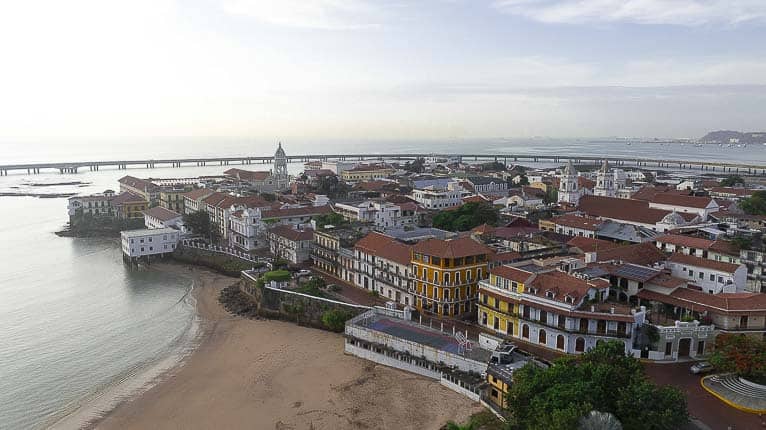 Aerial view of Casco Viejo, Panama—the historic peninsula and skyline from the bay.