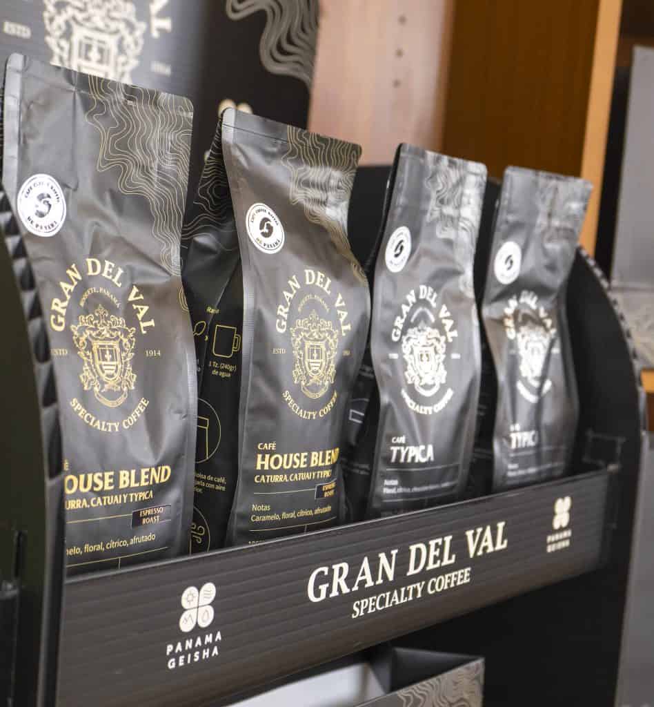 Gran Del Val specialty coffee bags on display at Super Gourmet café in Casco Viejo