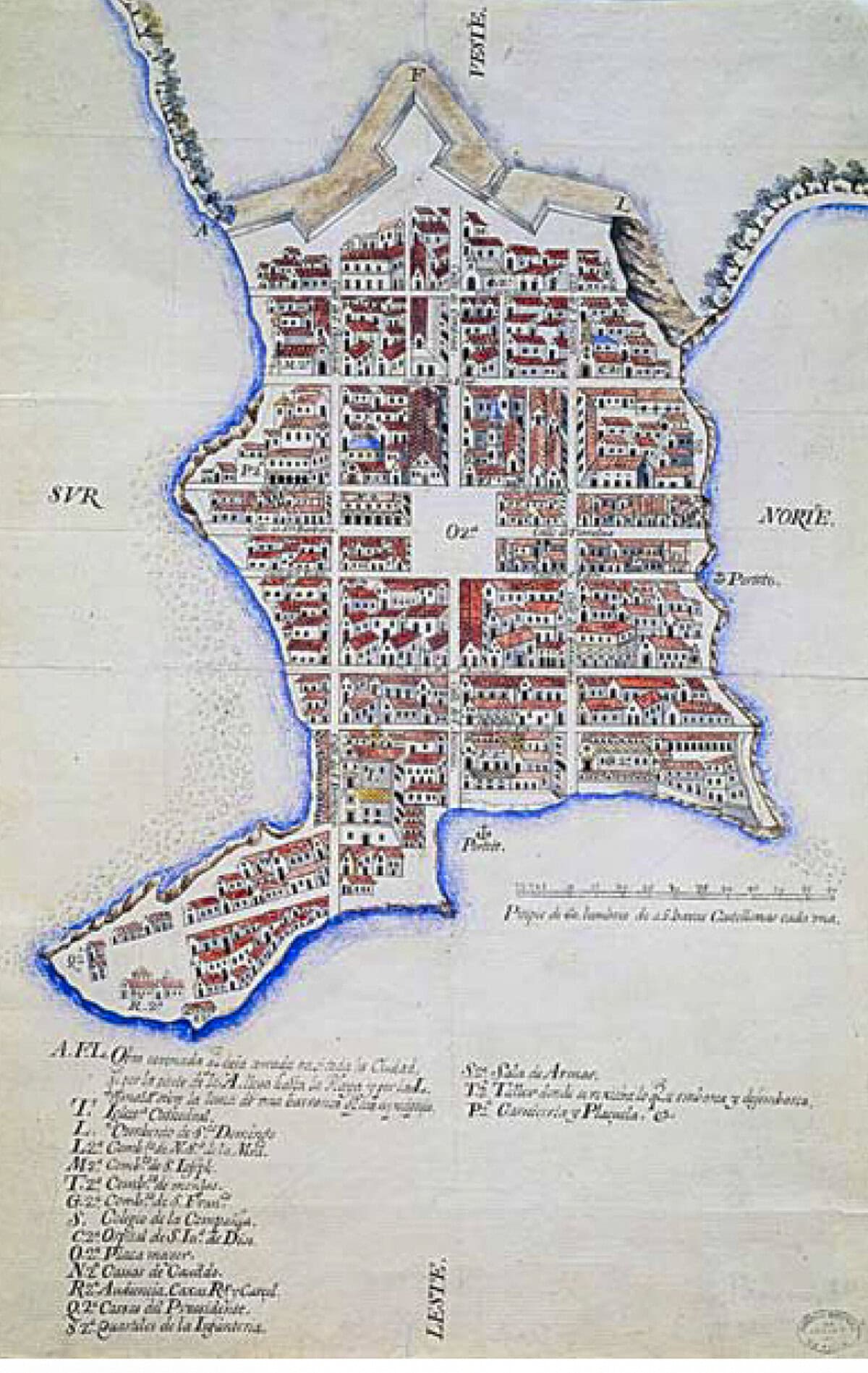 Historic hand-drawn map of Casco Viejo, Panama, showing the fortified peninsula and grid layout from the 1600s with labeled streets