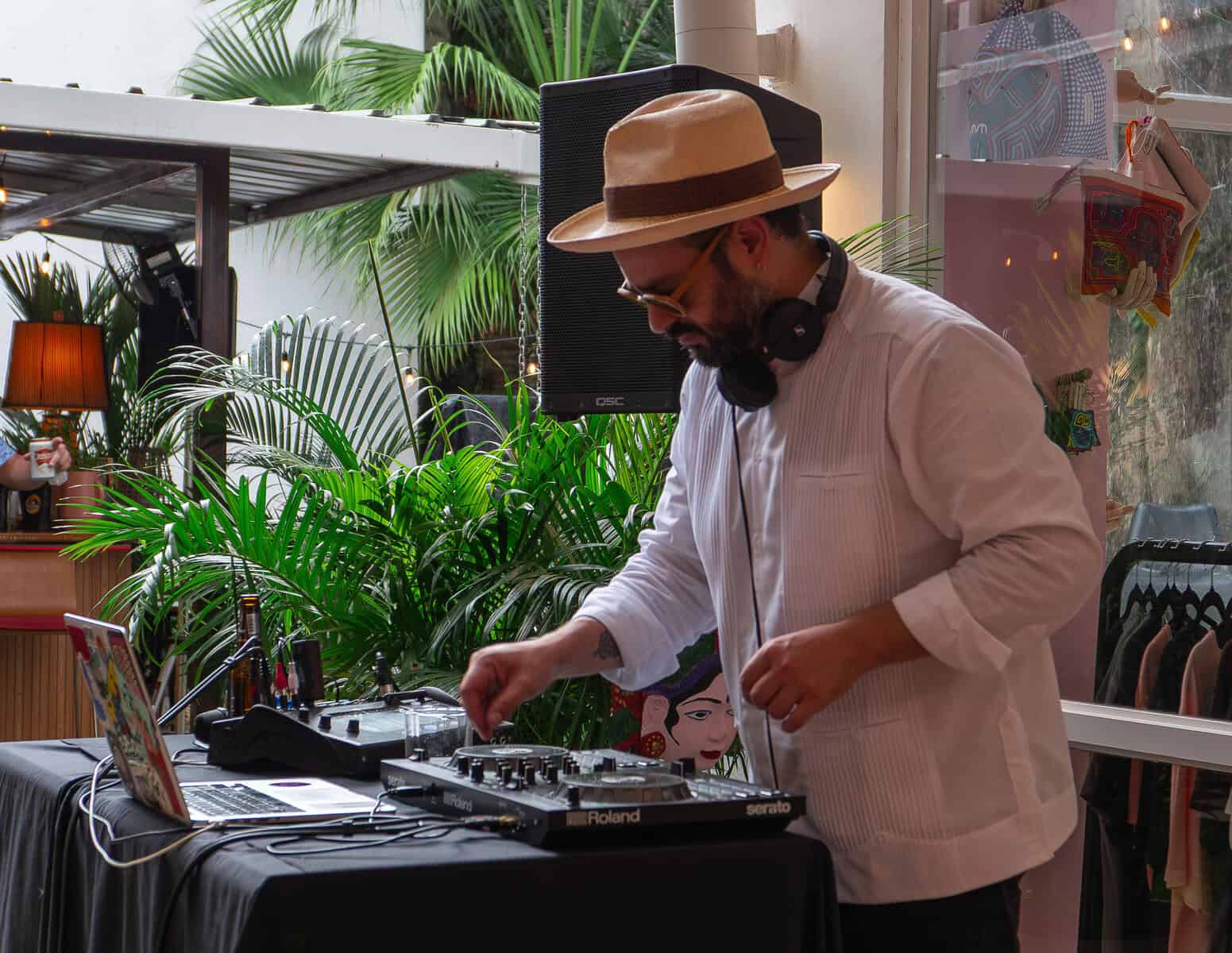 Daniel, co-founder of Galería Solar, DJing during a community event in Casco Viejo, Panama.