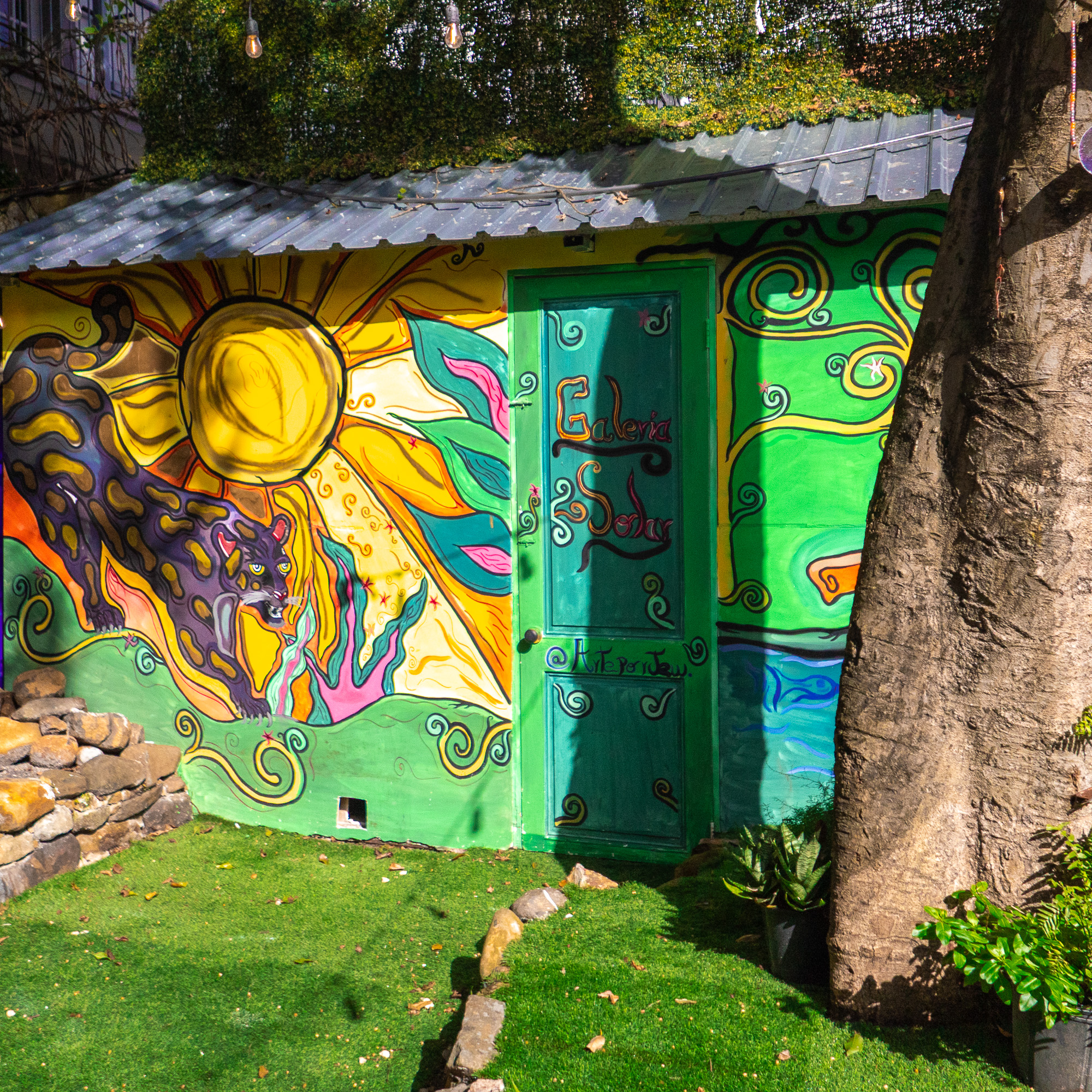 Colorful mural and green door at Galería Solar courtyard in Casco Viejo, Panama, with sun and tree artwork.