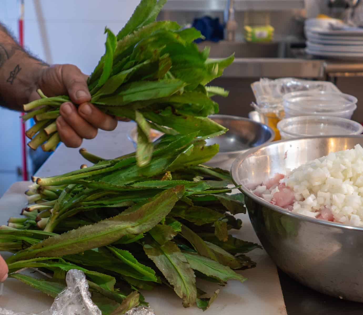 Fresh culantro being prepared for Panamanian ceviche at Captain Bahía, alongside diced fish and onions.