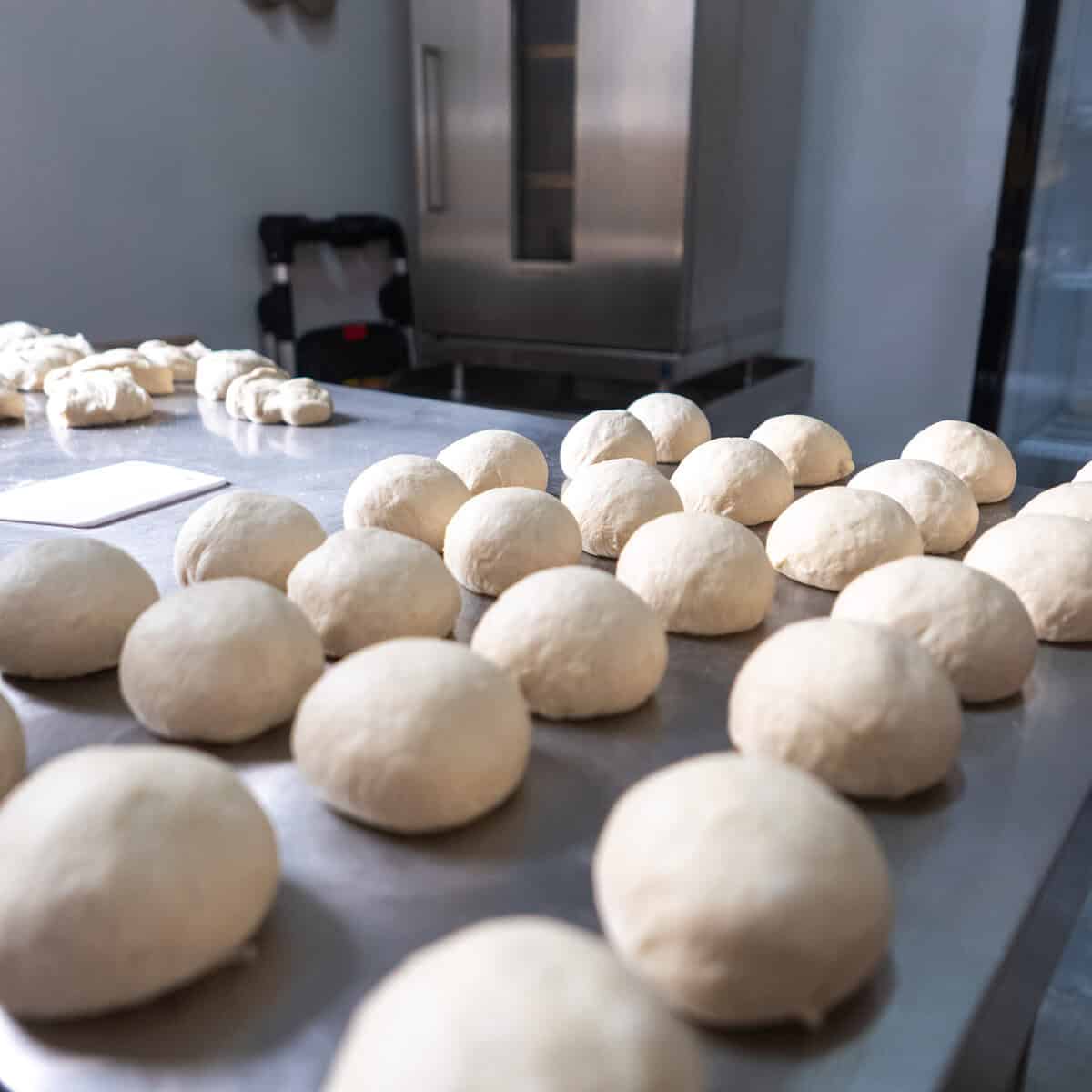 Rows of small dough rounds resting on a stainless-steel table inside a Casco Viejo baking workspace.