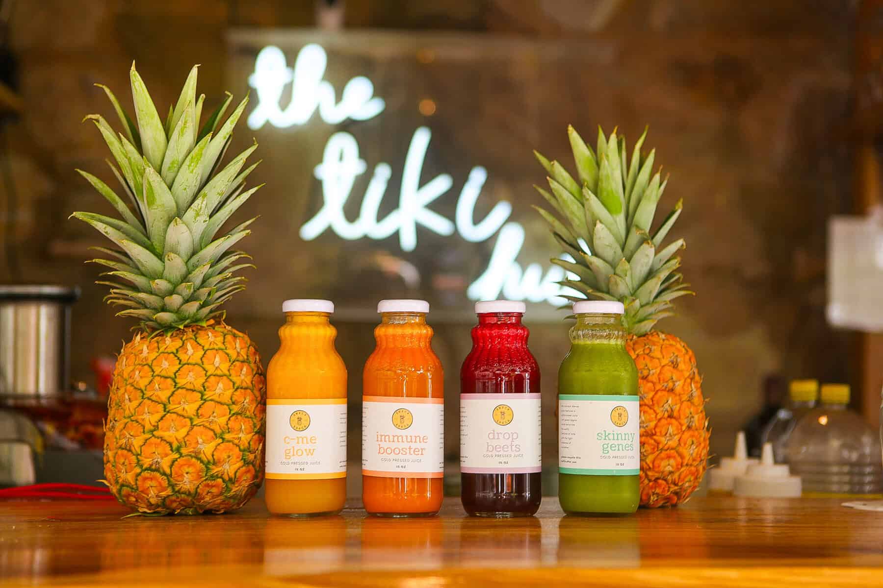 Fresh cold-pressed juices displayed at Snack Shack café in Casco Viejo, Panama
