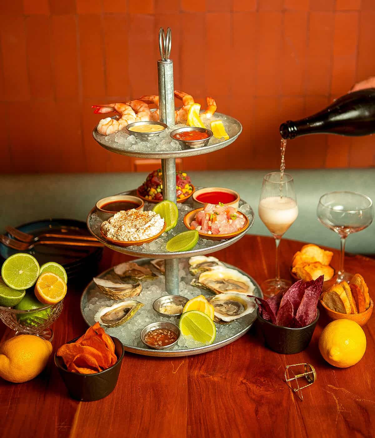 Seafood tower with oysters and shellfish served at BRUMA seafood and wine restaurant in Casco Viejo, Panama