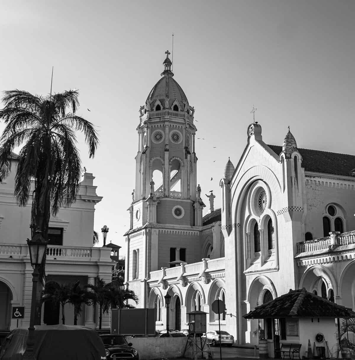 Iglesia San Francisco de Asís in Casco Viejo Panama photographed in black and white, showing colonial façade and bell tower.