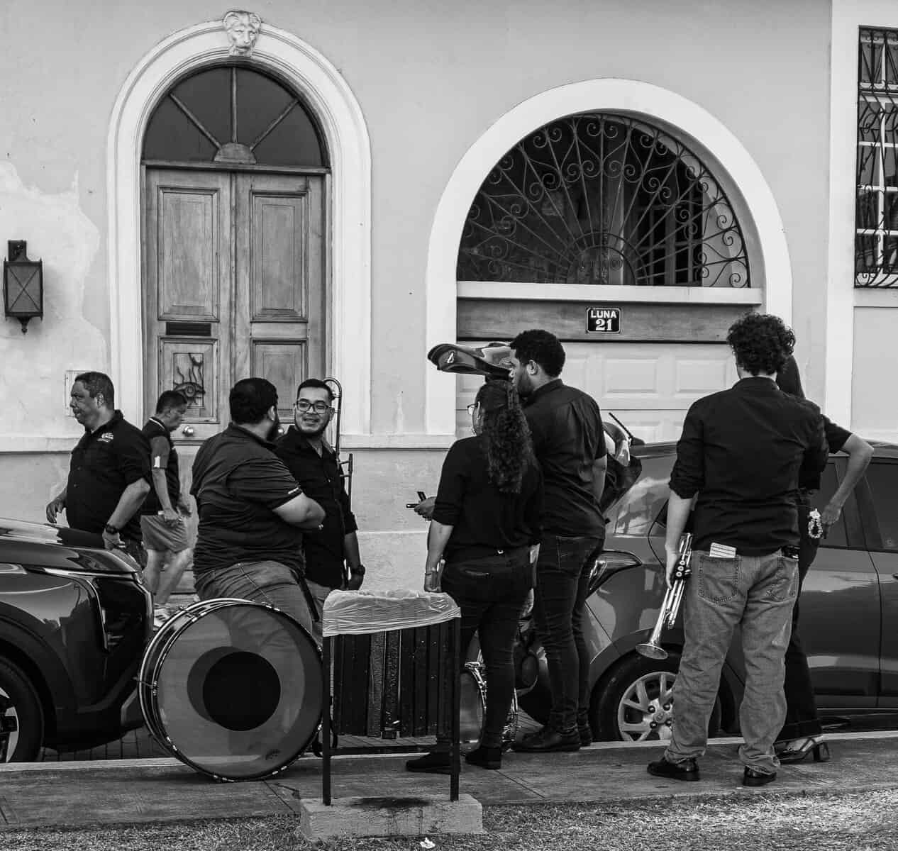 Band arriving for work outside colonial building in Casco Viejo Panama