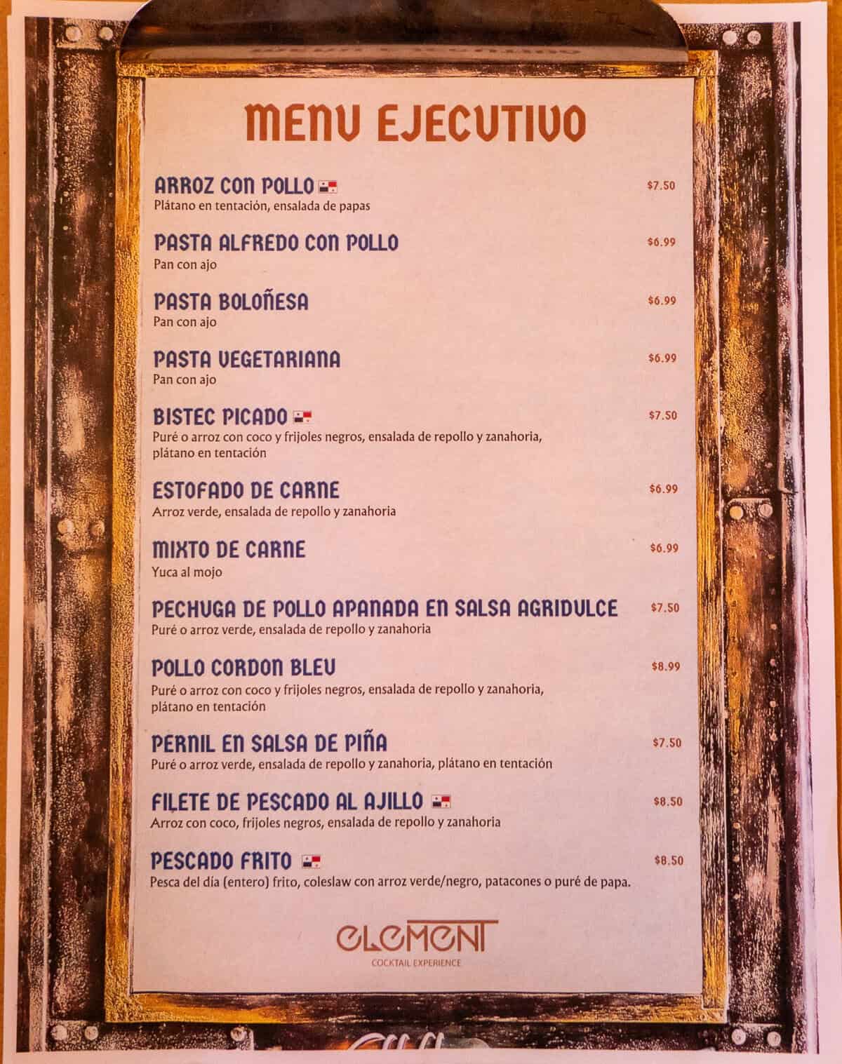 Spanish-language executive lunch menu at Element Bar Casco Viejo featuring daily weekday dishes popular with local professionals