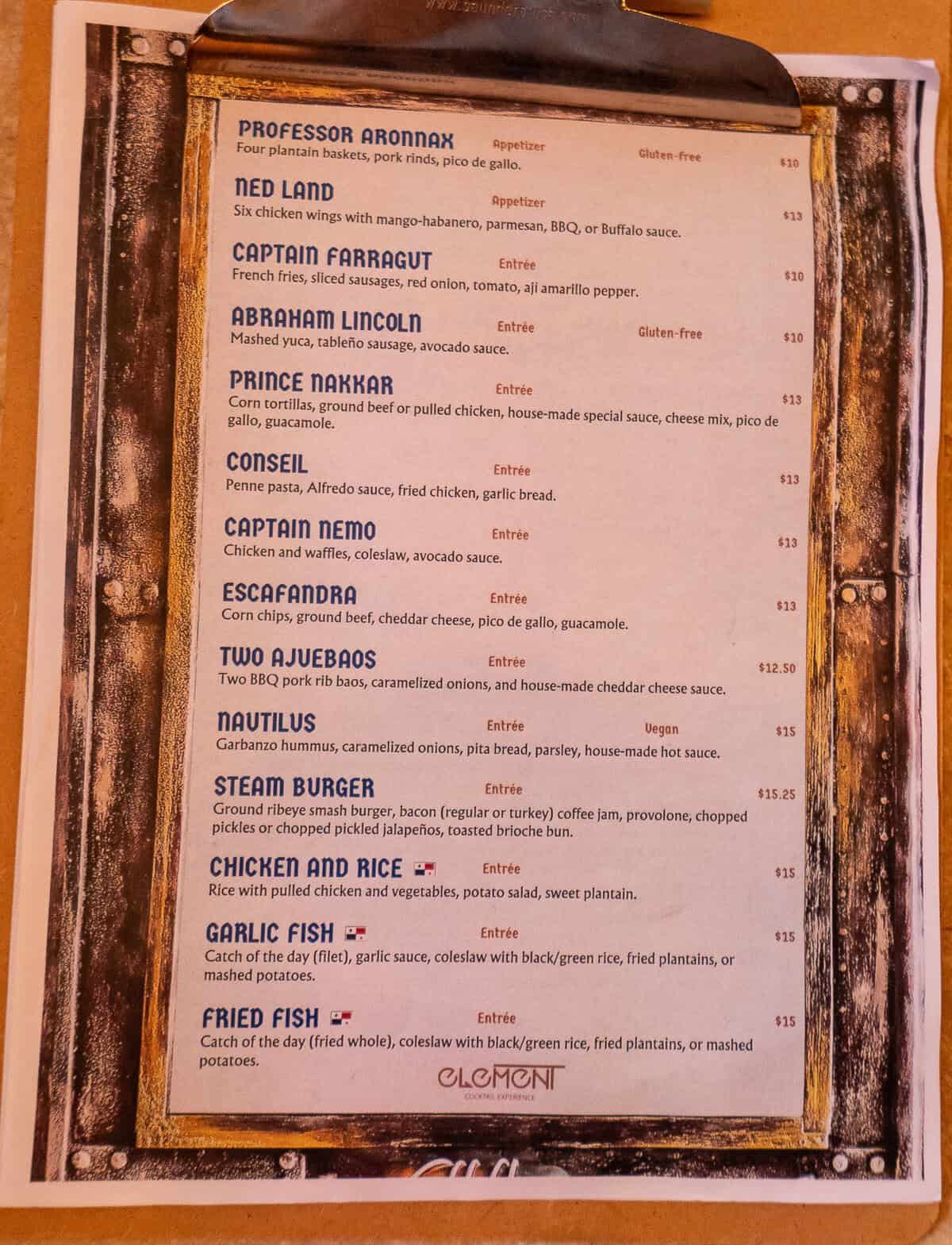 Printed food menu at Element Bar Casco Viejo featuring nautically inspired dish names and classic pub-style offerings