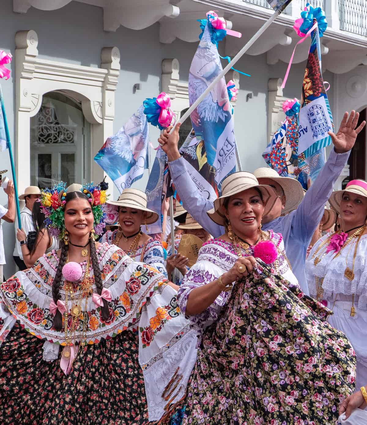 Traditional folkloric group posing in front of the Metropolitan Cathedral during Casco Peatonal in Casco Viejo, Panama City
