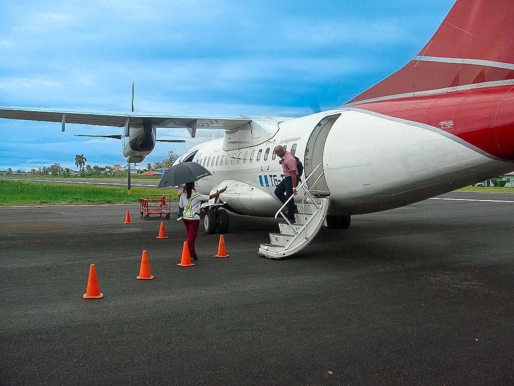 Domestic flight boarding in Panama for Bocas del Toro from Albrook Airport with small regional turboprop aircraft
