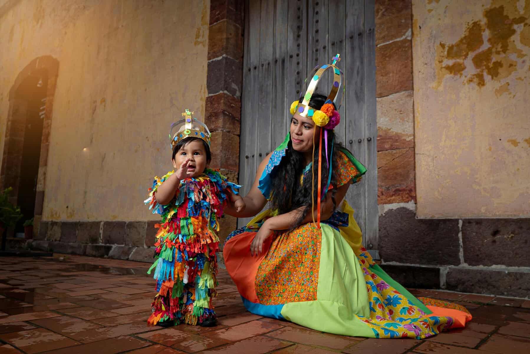 Mother and child in traditional Panamanian festival attire photographed in Casco Viejo during Carnival season