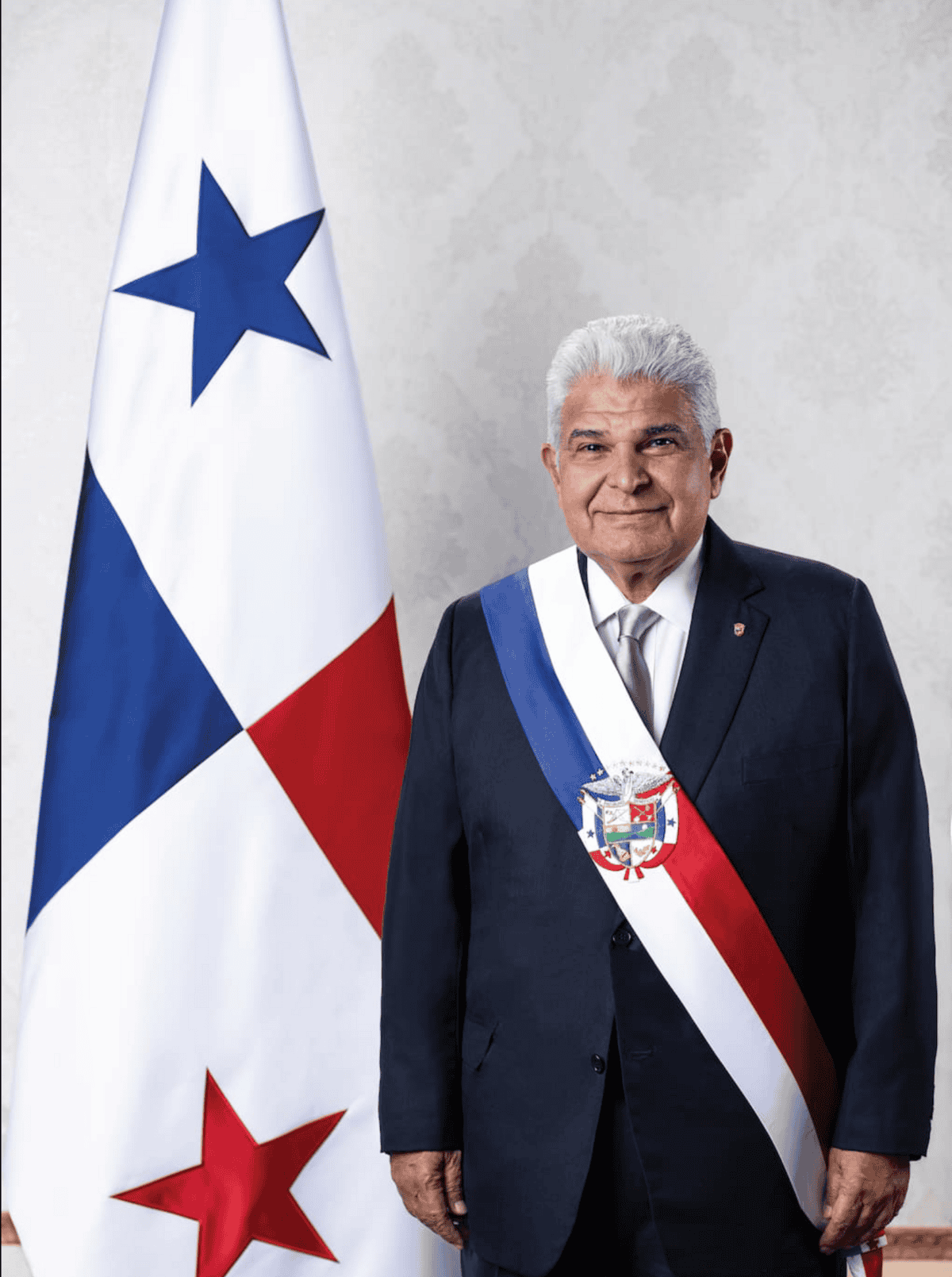 José Raúl Mulino official portrait President of Panama standing with national flag