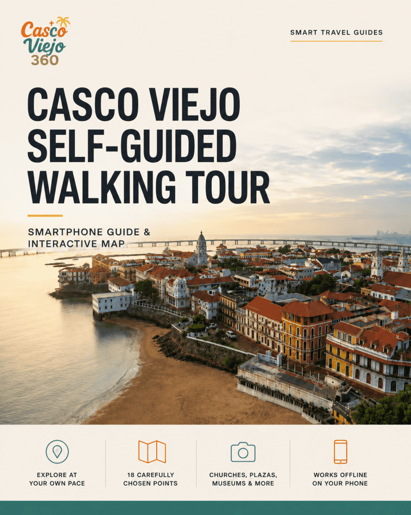 Casco Viejo self-guided walking tour smartphone guide and interactive map with aerial view of Panama City’s UNESCO historic district at sunrise.