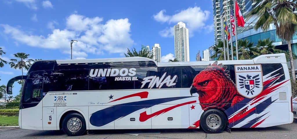 Panama National Football Team World Cup 2026 campaign bus parked in Panama City with patriotic graphics and team crest