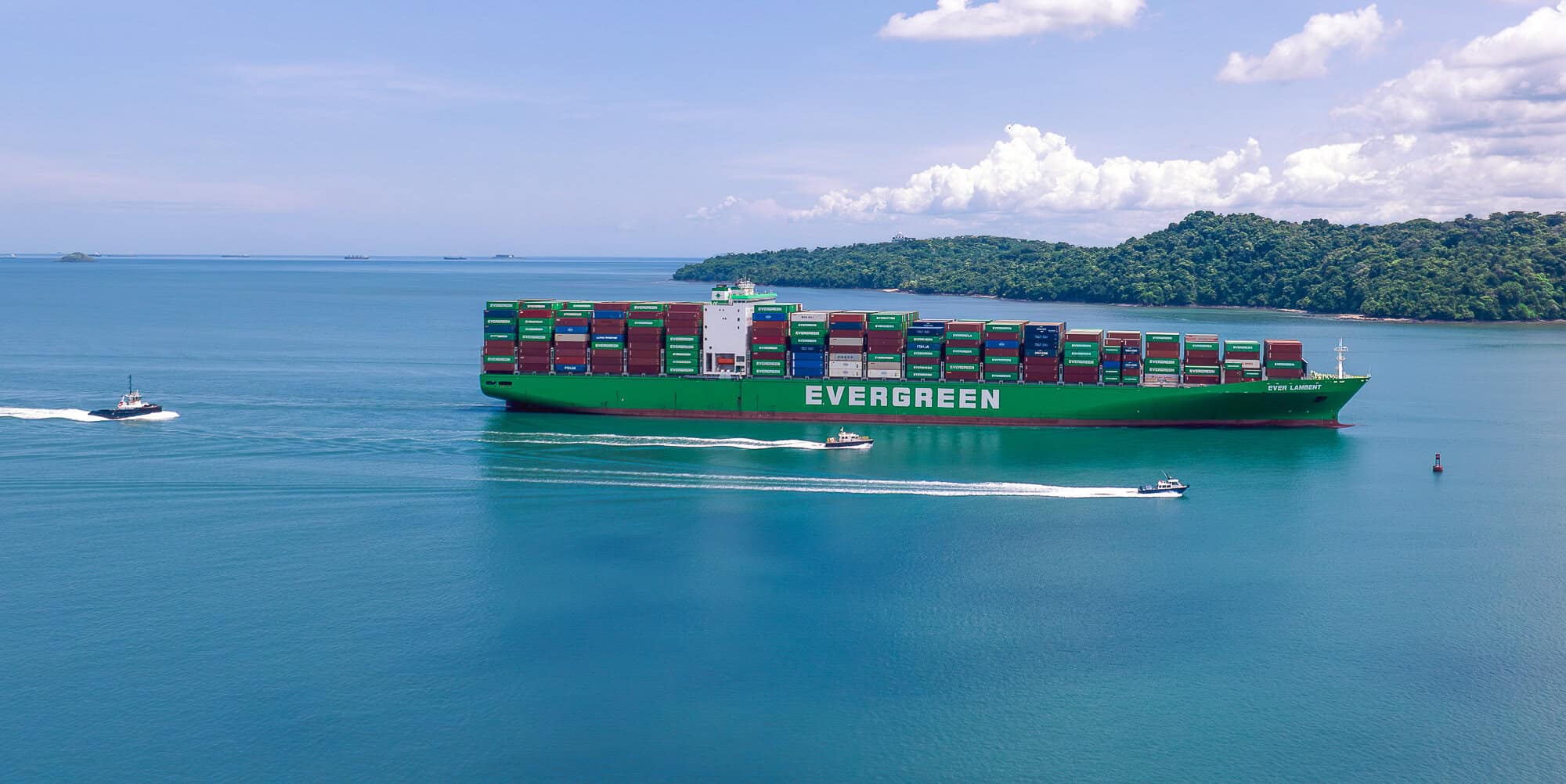 Evergreen container ship sailing past the Amador Causeway in Panama City, Panama.