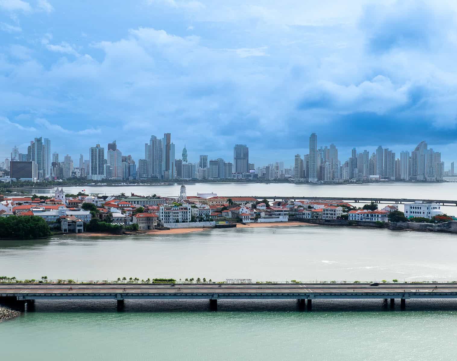 Aerial view of Cinta Costera, Casco Viejo and the Panama City skyline overlooking Panama Bay.