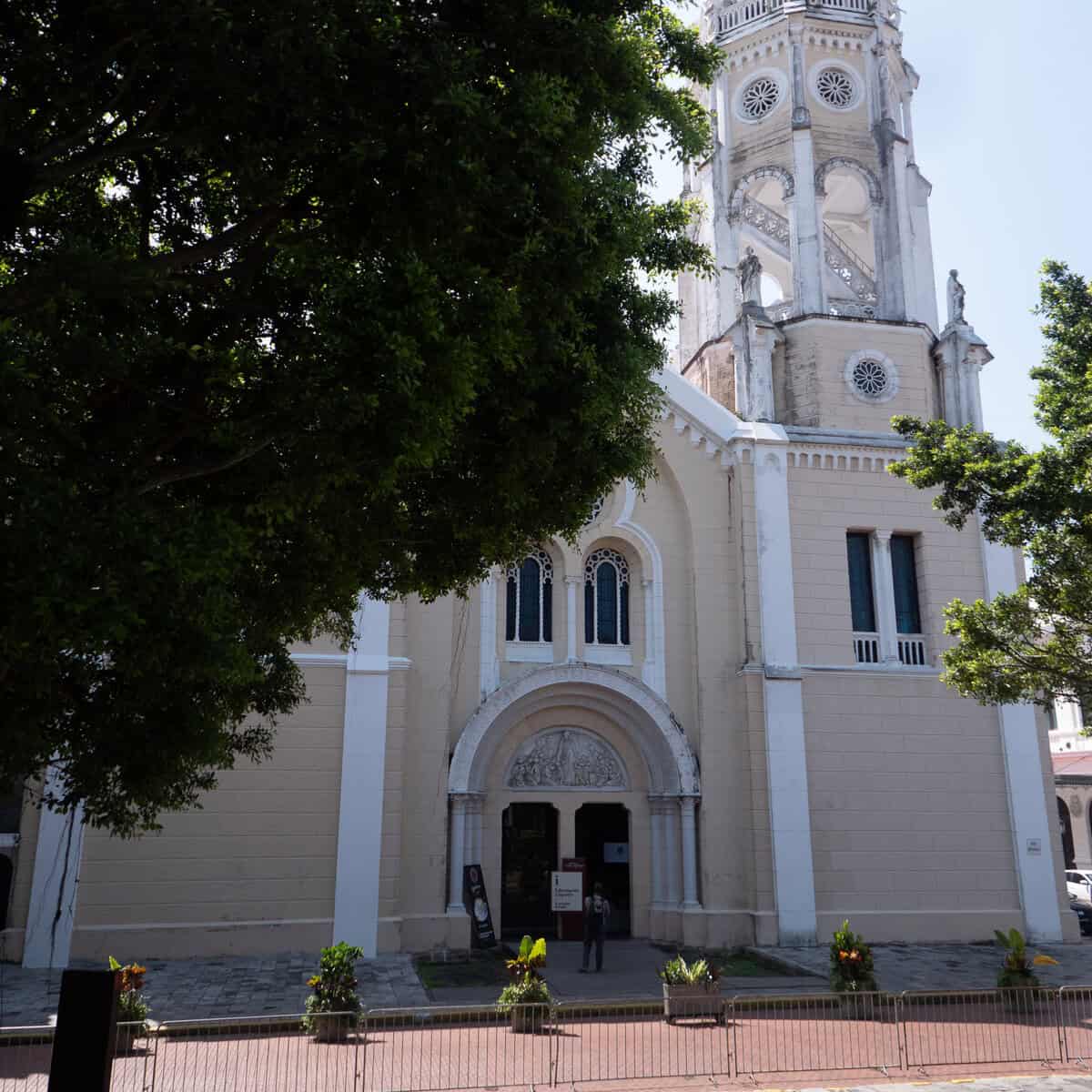 Front façade of San Francisco Church (Iglesia San Francisco de Asís) in Casco Viejo, Panama City.