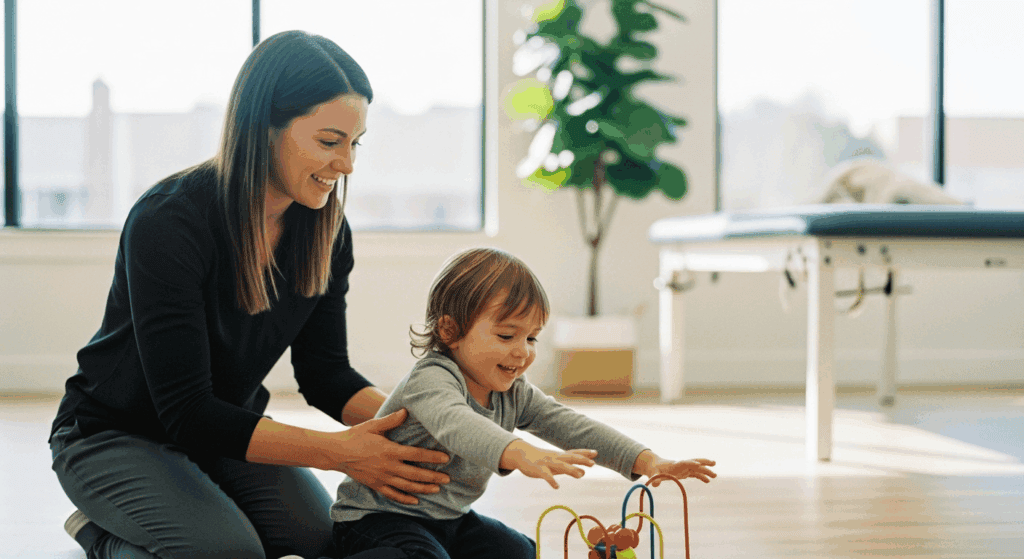 Playful child engaging in occupational therapy with therapist in bright clinic setting.