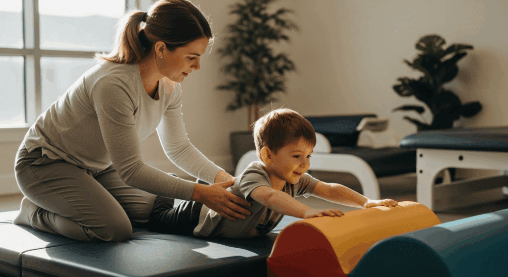 Caring pediatric physical therapy session with therapist and young boy at clinic, rehabilitation, child exercise, therapy center.