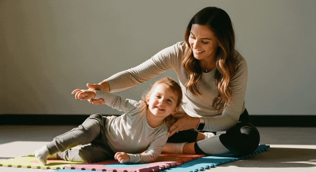 Gentle stretching therapy session between woman and young girl on colorful mats.