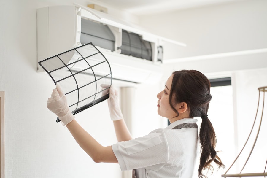 Air conditioner filters left to dry completely before reinstallation to prevent mould and damage.