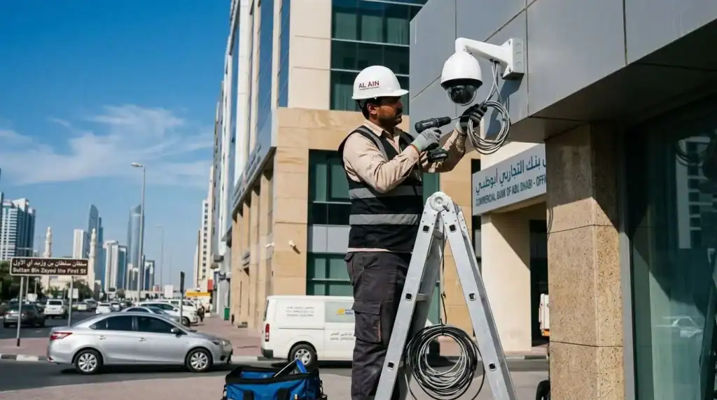 Technician installing CCTV camera on commercial building in Abu Dhabi, UAE - CCTV Camera Installation in Abu Dhabi