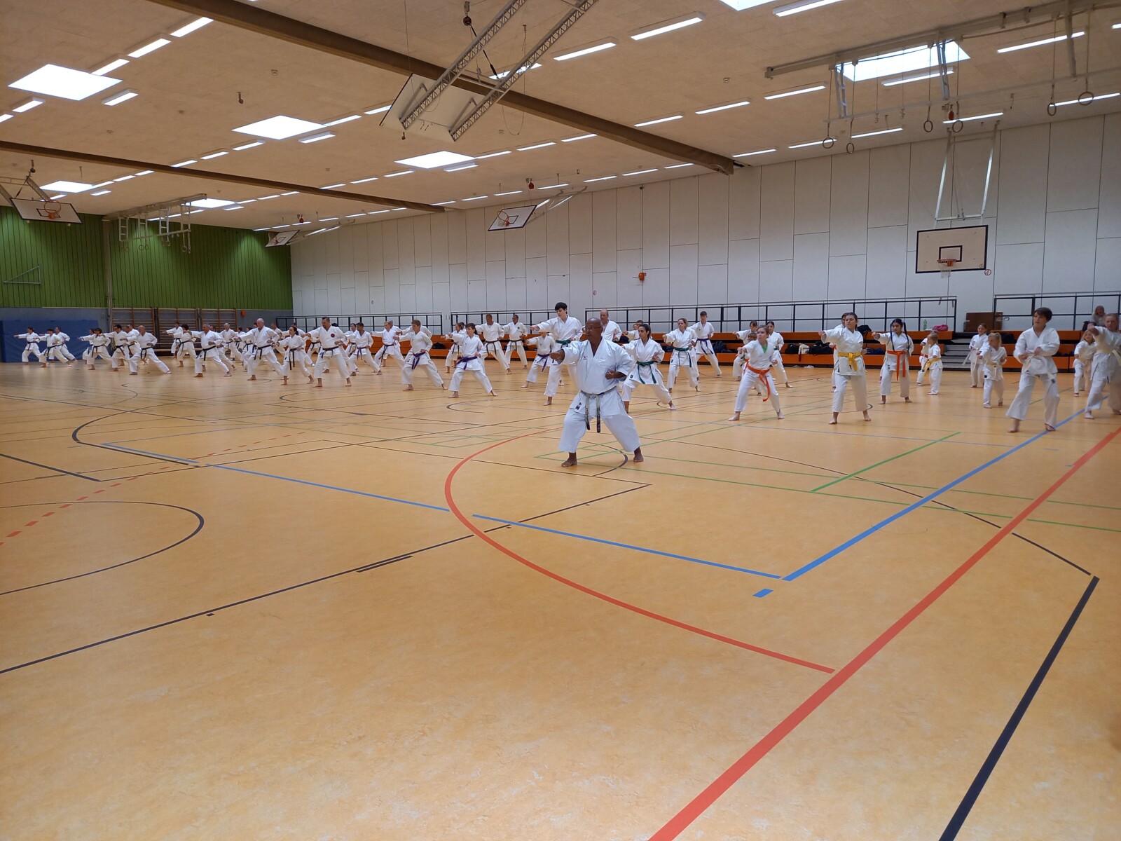 Karate-Training in einer Sporthalle.
