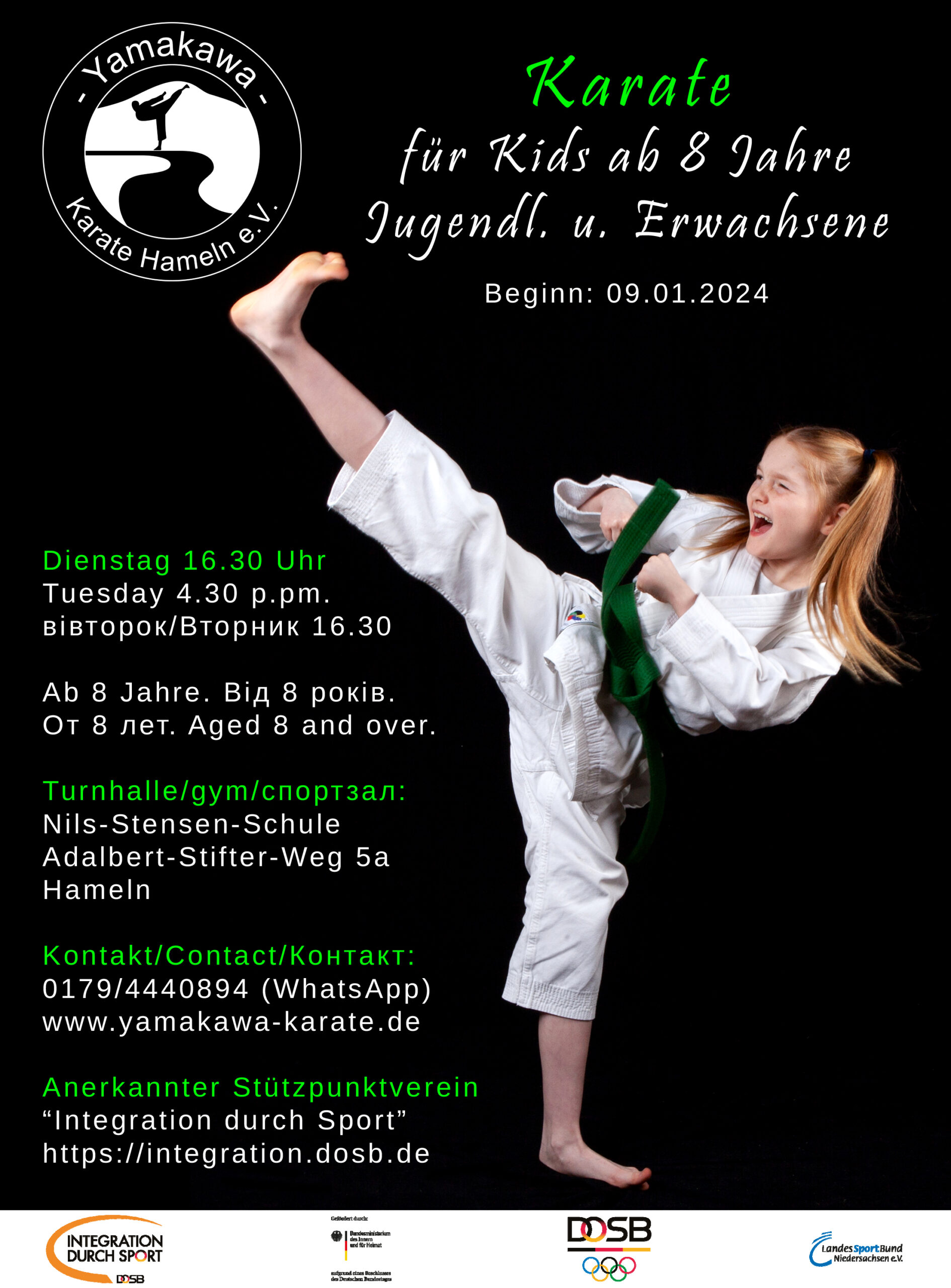 Kind macht Karatekick, Karatekurs Plakat.
