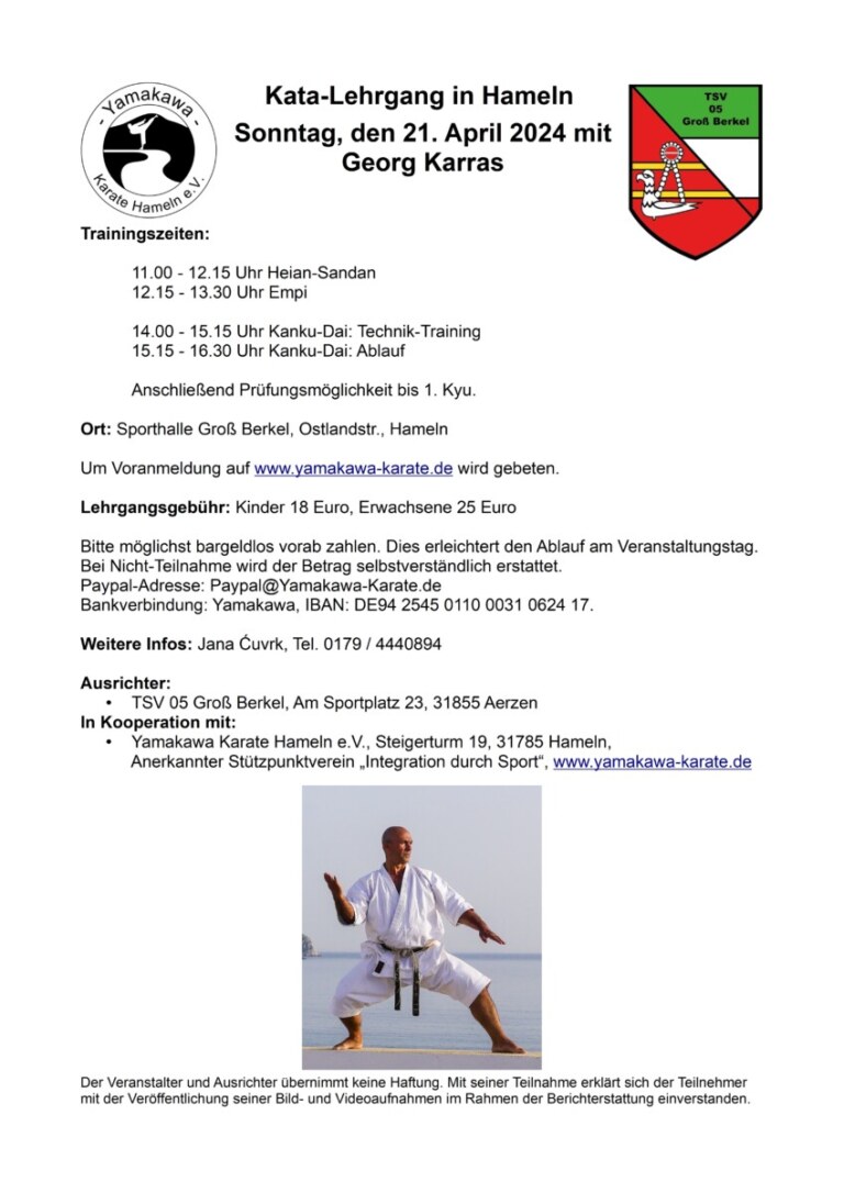 Kata-Lehrgang Karate-Plakat mit Trainingszeiten und Logo.