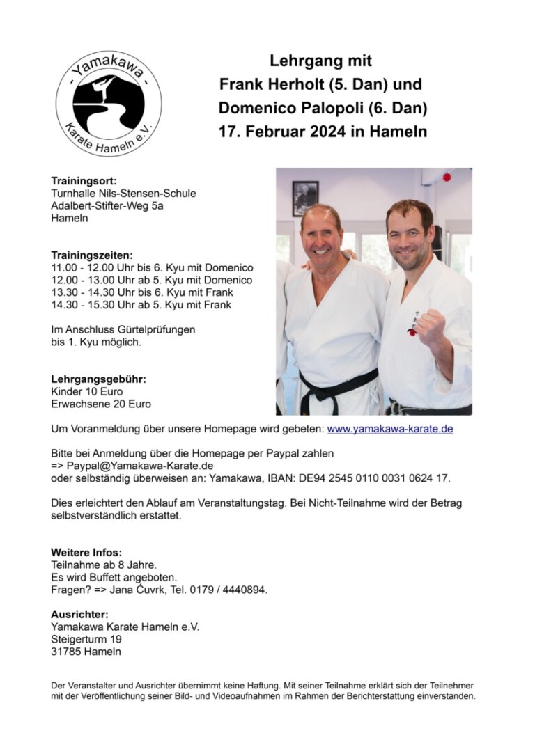Karate-Lehrgang Plakat mit zwei Trainern.