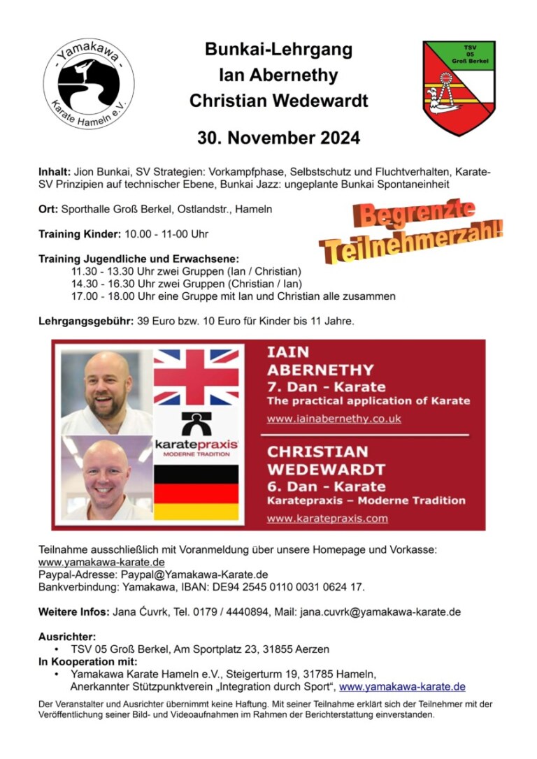 Karate-Lehrgang Flyer mit Programmdetails und Fotos.